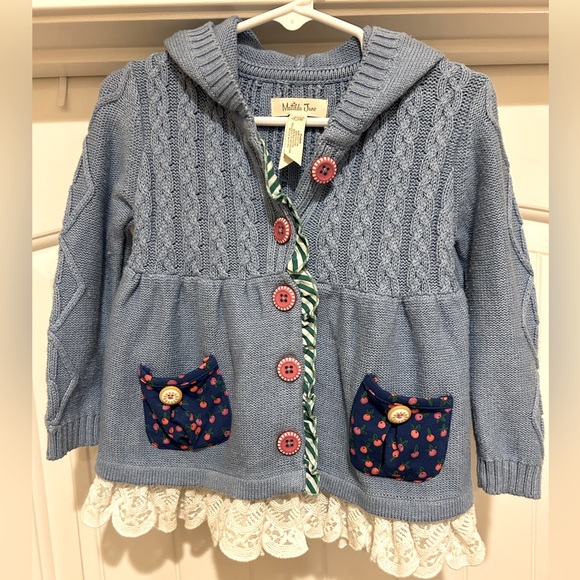 Matilda Jane Jacket Blue with Lace Trim, Cherry Pockets & Hood - Picture 1 of 6